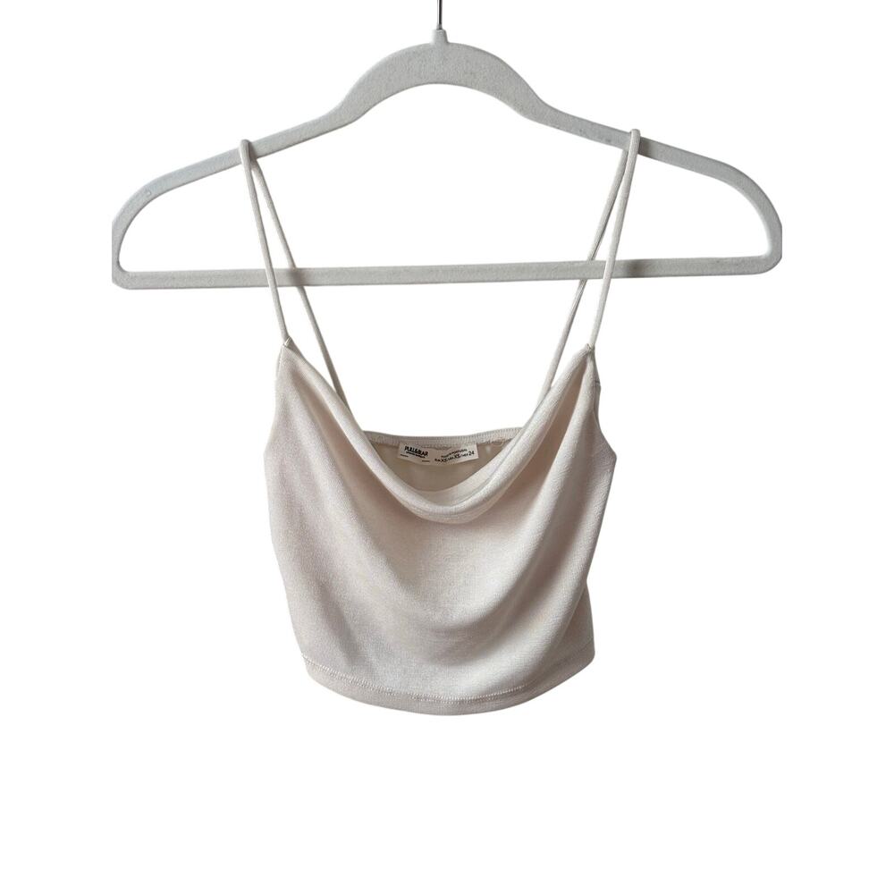 Pull&Bear Beige Cowl Neck Crop Top Cami XS Y2K Minimal Spaghetti Strap